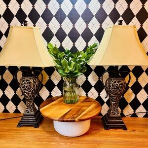 Ornate Moody Vintage Black & Gold Table Lamp Pair with Cream Ivory Shades